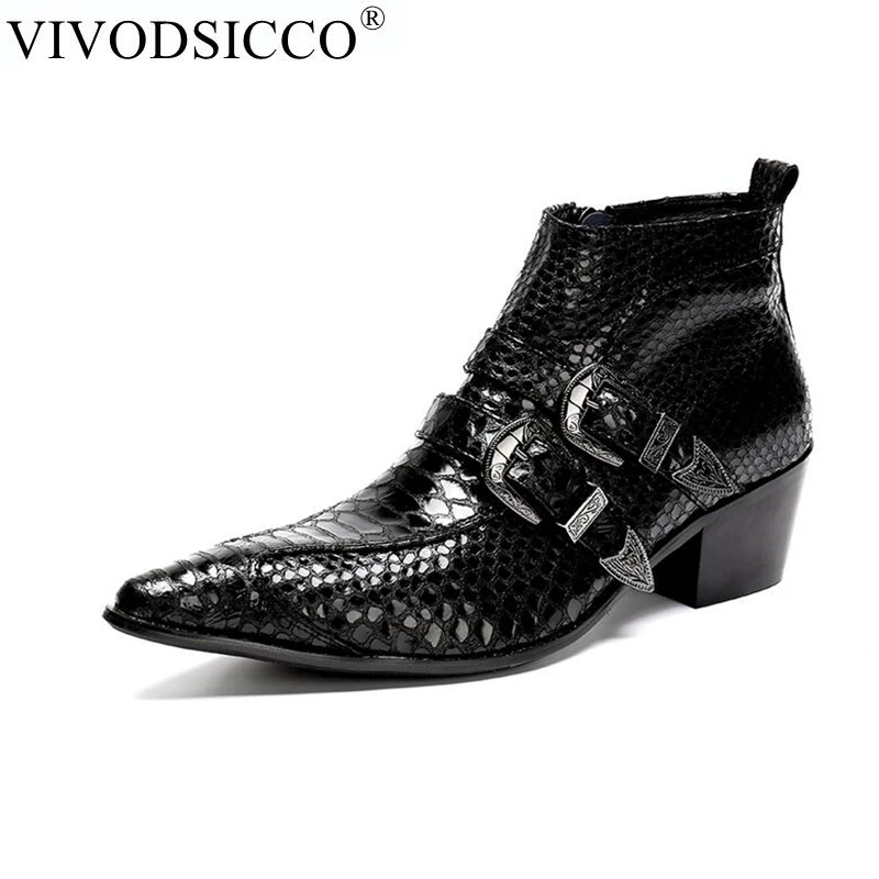 

VIVODSICCO Fashion Genuine Leather Double Monk Straps Men Ankle Boots Formal Dress Shoes Pointed Toe Chelsea Boots Cowboy Boots