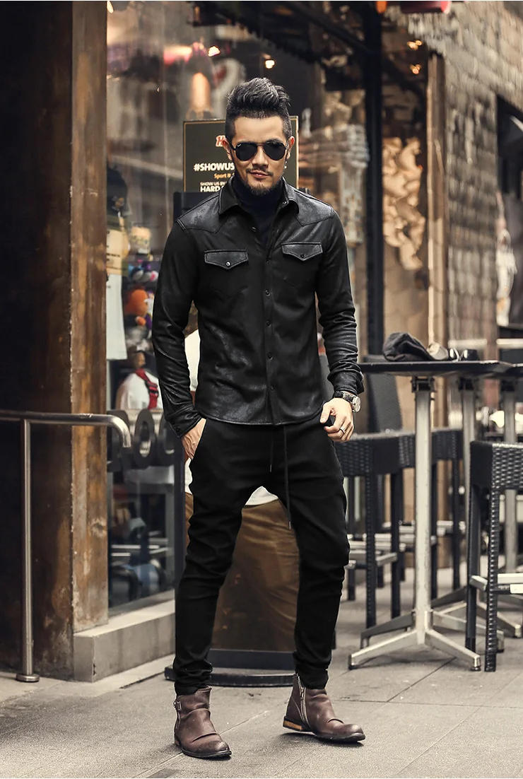 Для мужчин Костюмы Повседневное Slim Fit Для мужчин длинные рукава Кожа рубашка мотоциклетная куртка Для мужчин платье рубашка Длинные рукава chemise homme S509