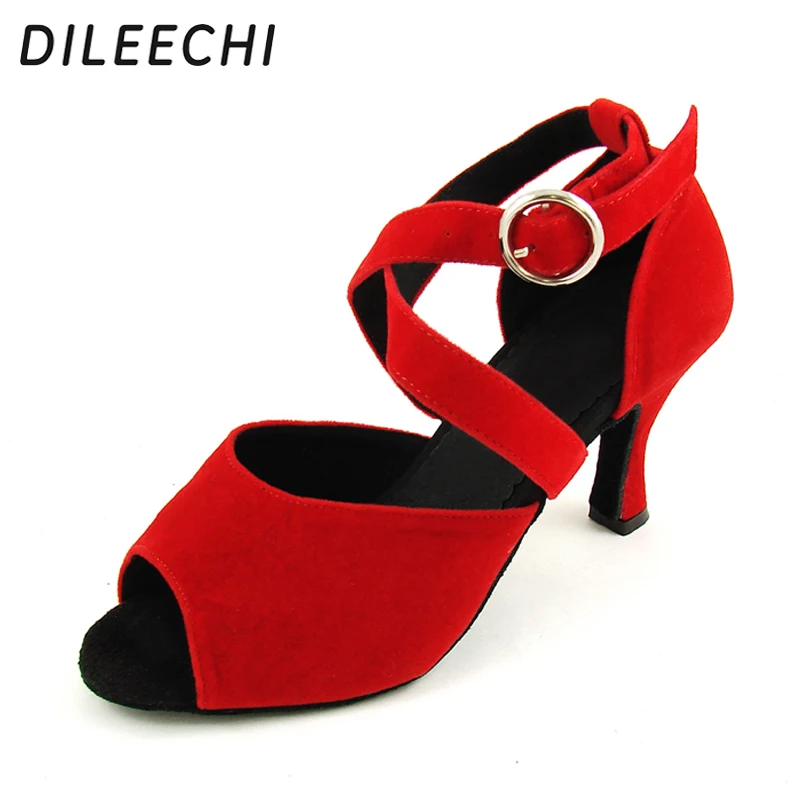 DILEECHI красная бархатный Латинская танцевальная обувь профессиональные Бальные