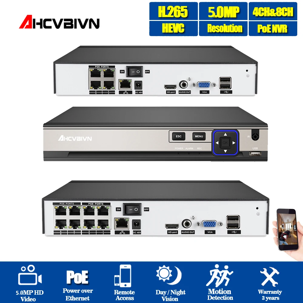 Новое поступление H.265 4/8CH 5MP сетевой видеорегистратор POE система NVR безопасности IP