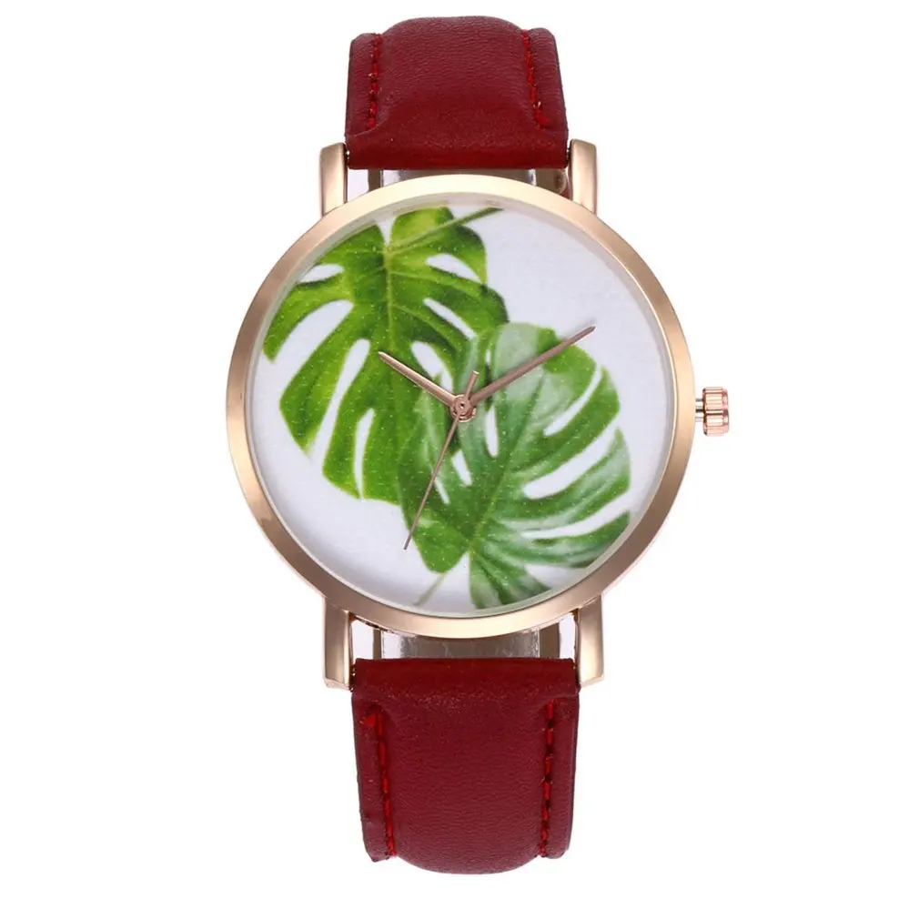 Золотые часы с тропическим листком кварцевые на ремешке Модный женский браслет