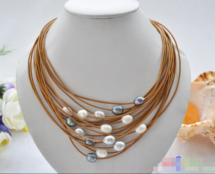 

P5217 15row 18" 13mm white black gray rice pearl coffee leather necklace ^^^@^Noble style Natural Fine jewe FREE SHIPPING