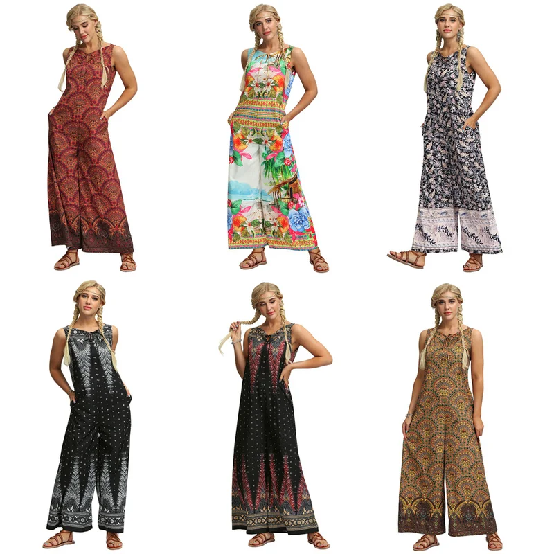 Летние женские комбинезоны без рукавов Модный богемный стиль наряд Boho Цветочный Принт Комбинезон Femme широкие свободные длинные брюки