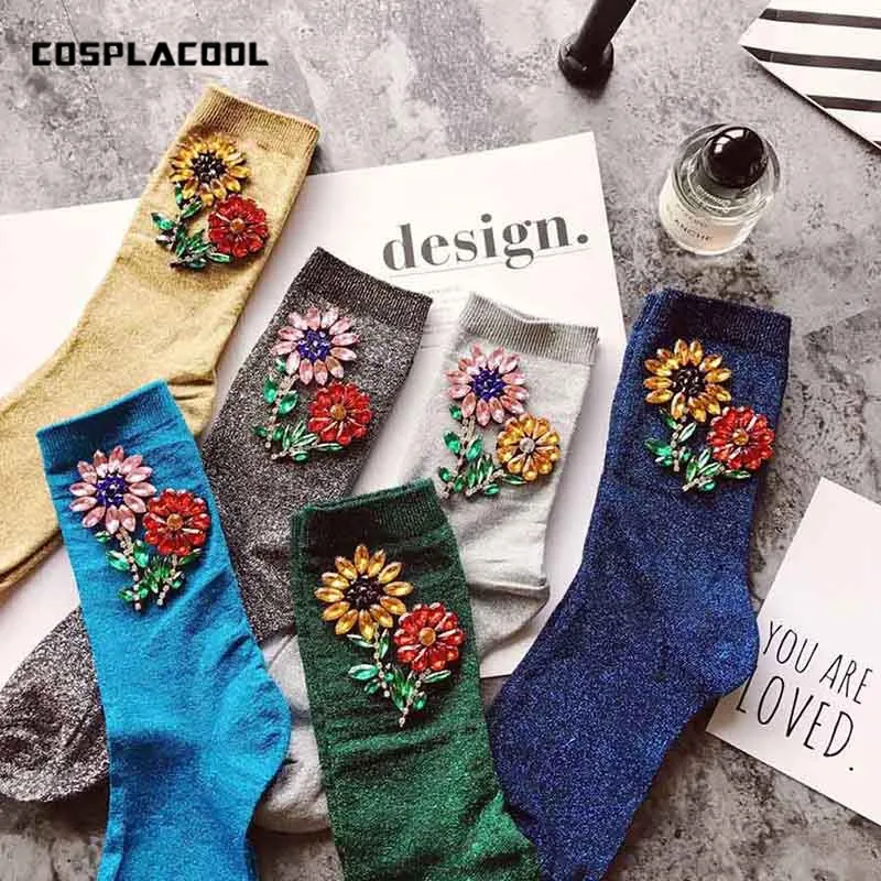 [COSPLACOOL] Новое поступление красочные Подсолнух драгоценный камень серебряные блестки Meias ручной работы кучи calcetines смешные носки Харадзюку для женщин