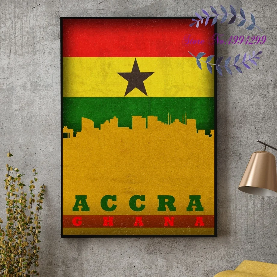 Retro Accra Ghana Kumasi City Skyline on Flag Poster Canvas Art Print Home Decor | Дом и сад