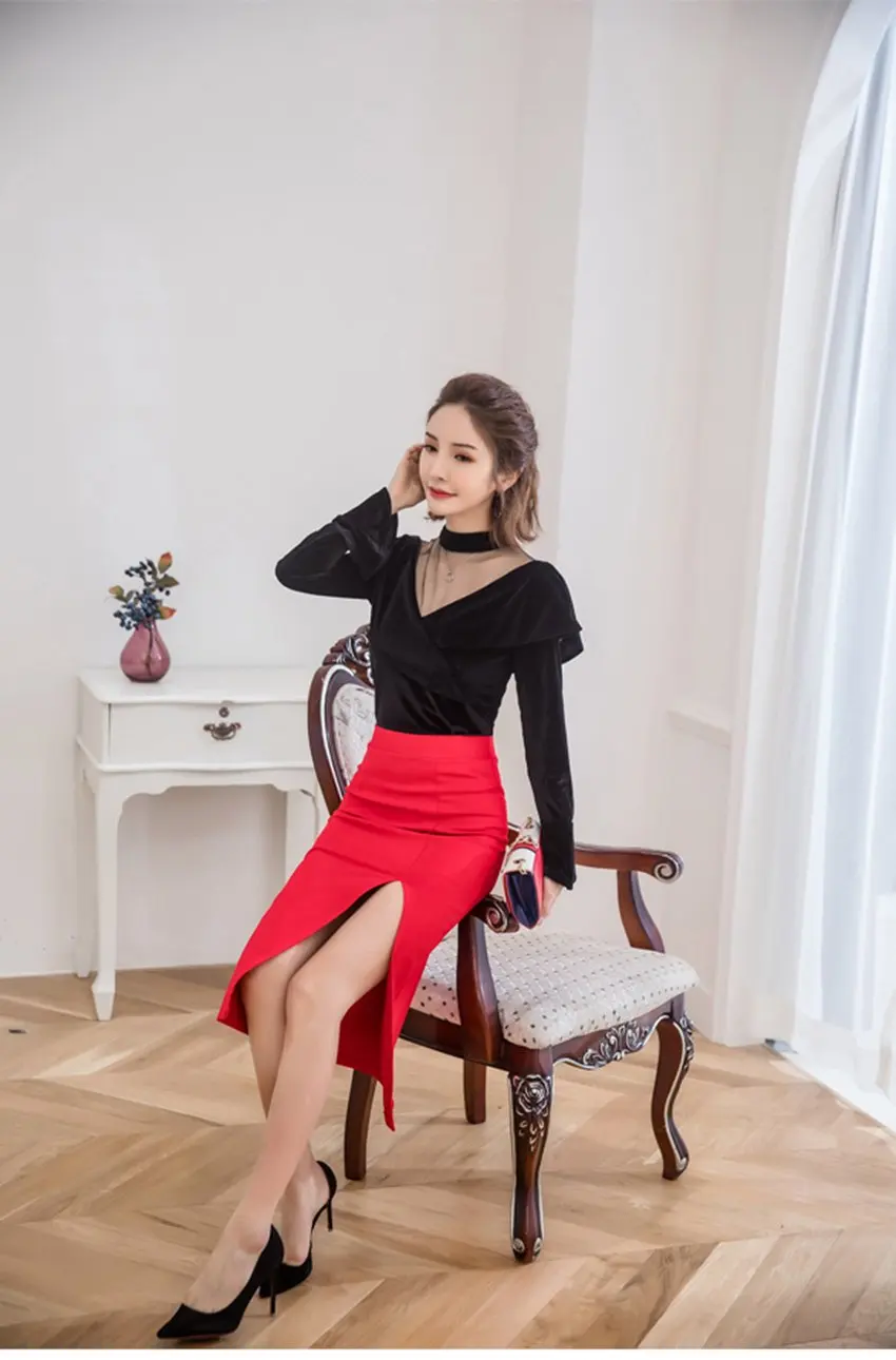 SEXMKL, летняя, с высоким разрезом, сексуальная юбка-карандаш, для женщин, красная, элегантная, ампир, тонкая, OL, черная, миди, юбки, для офиса,, модная, для работы, длинная юбка