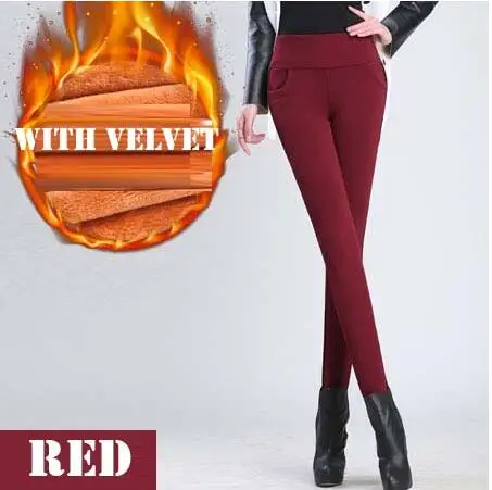 Red with Velvet Золотые флисовые утолщенные теплые штаны с высокой талией, зимние штаны, женские штаны, брюки, S-6Xl, тонкие, размера плюс, узкие брюки - Цвет: Red with Velvet
