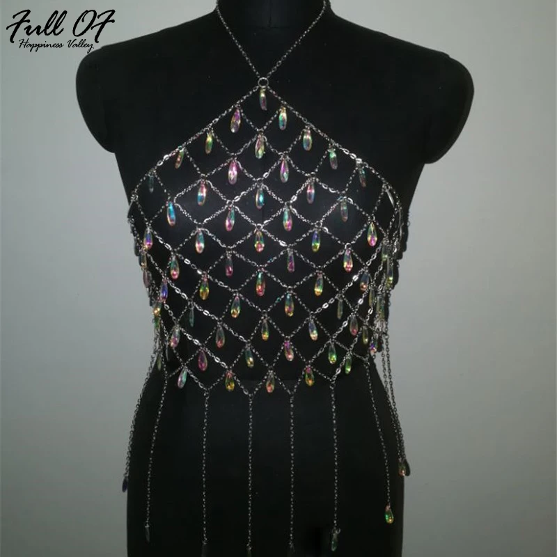 

Sexy metal Body Chest chain Crop Tops Women Summer Beach Halter Hollow crystal tassel shirt luxury Nightclub queen Tank top bra