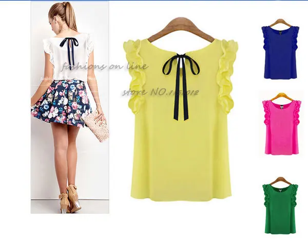 S-XXL New 2015 Women's O Neck Lotus Leaf Pullover Lace Bow Chiffon Shirt Tops Summer Blouse Plus Size Female Blouses |