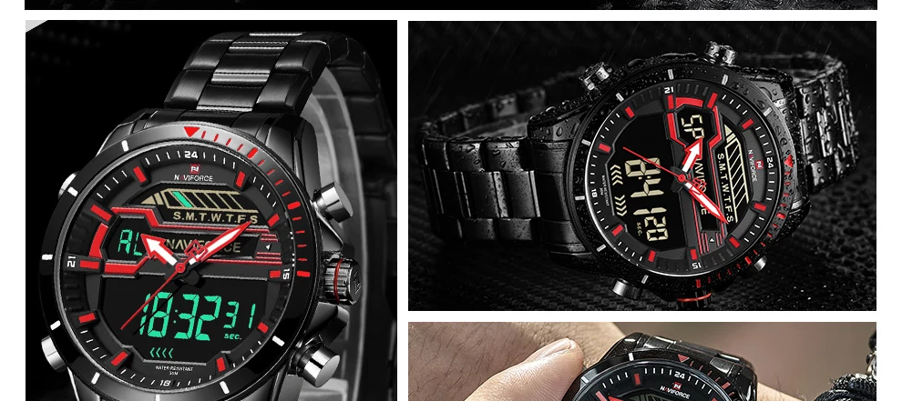 Топ Элитный бренд NAVIFORCE Для мужчин спортивные часы Для мужчин кварцевые цифровой светодиодный часы Мужской полный Сталь военный Водонепроницаемый наручные часы