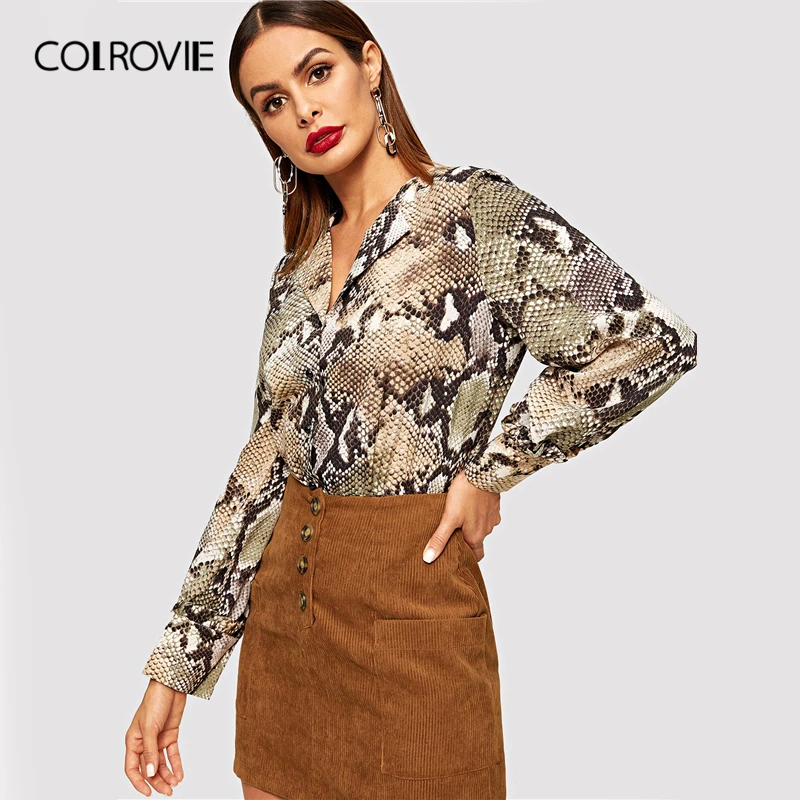 COLROVIE, v-образный вырез, змеиный принт, однобортная Элегантная блузка для женщин, зима, модные офисные женские рубашки, корейские винтажные Топы