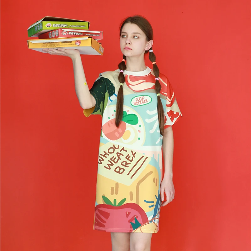 2018 Fashion Women Summer Dress Loose O Neck Short Sleeve Playful Pattern Printed Splicing Cotton Ladies Dresses | Женская одежда