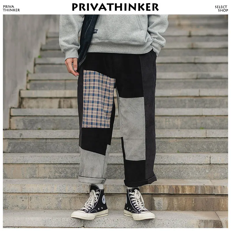 Privathinker для мужчин вельвет лоскутное прямые брюки девочек 2018 s Harajuku зима треники