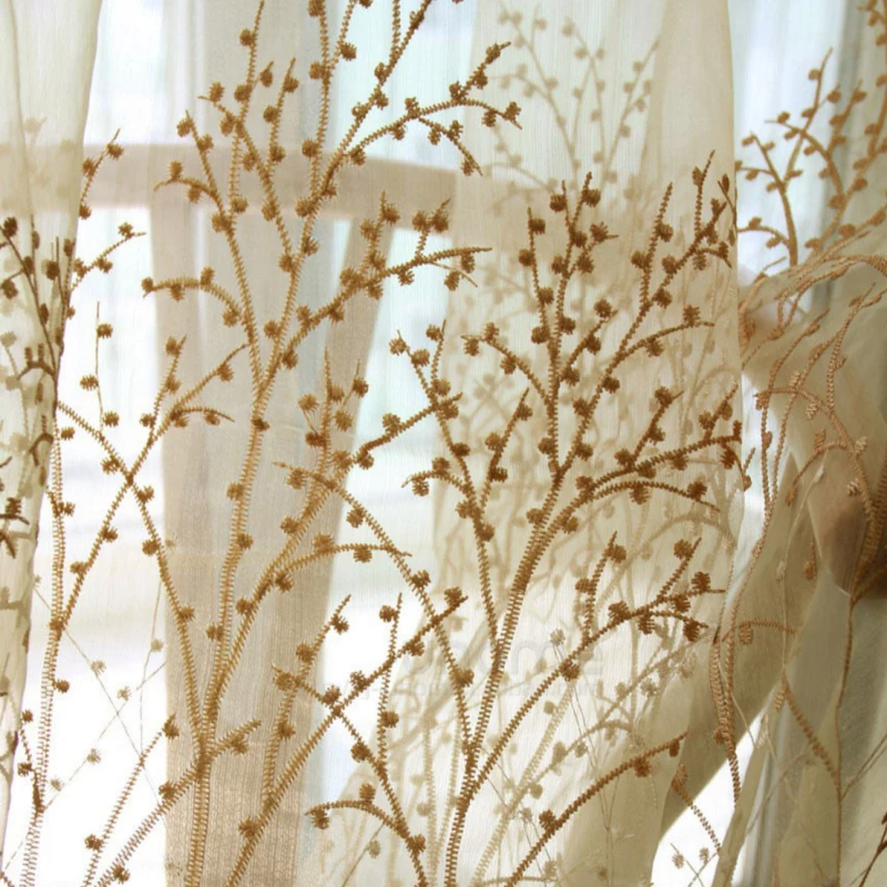 Занавески с вышивкой тюлевые шторы рисунком бежевых деревьев для гостиной