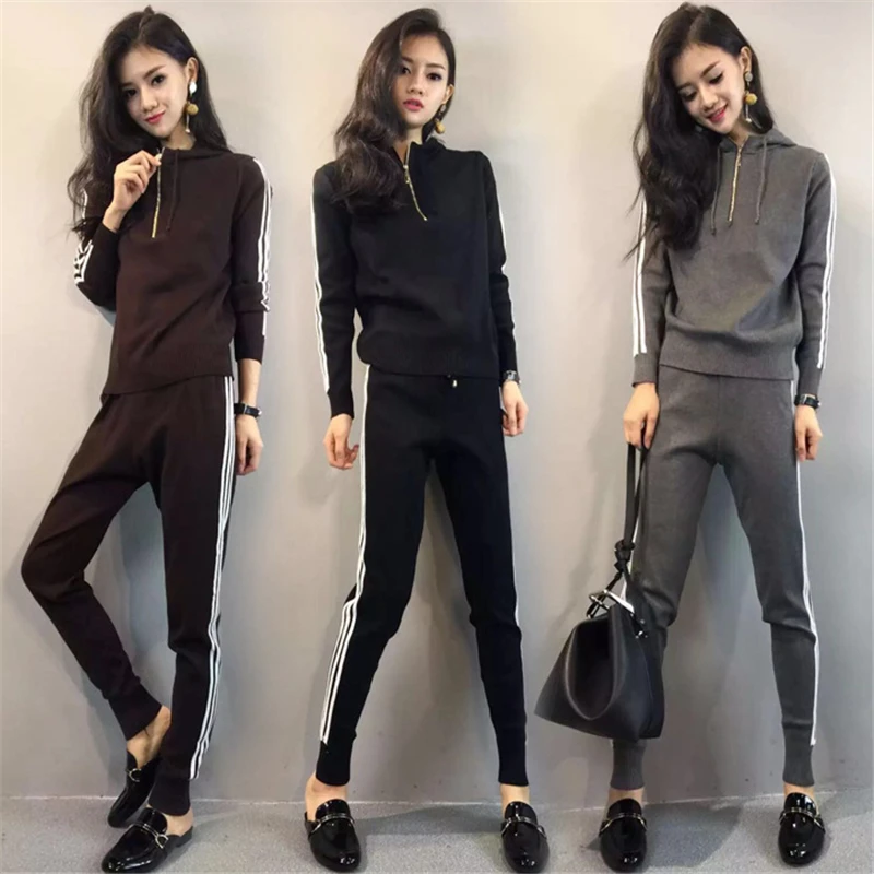 SUDB Survetement Women 2 Piece Set Top And Pants Casual Black Grey Crop Drawstring Track Suit | Женская одежда