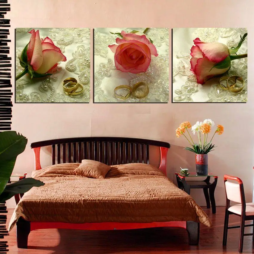 

HD Print 3 pcs Rose ring canvas wall art flower painting prints wedding canvas wall art pictue for bedroom decor print painting