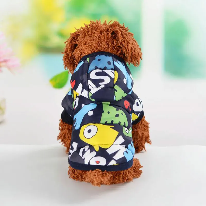 Теплый печатных собака пальто осень-зима мультфильм хлопок Pet куртка с капюшоном