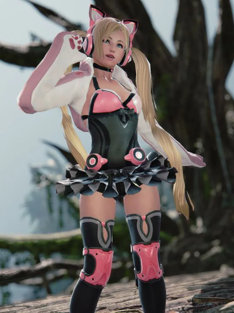 Лаки Хлоя розовая куртка маленькая черная юбка кошачьи ушки хвост игры Косплей