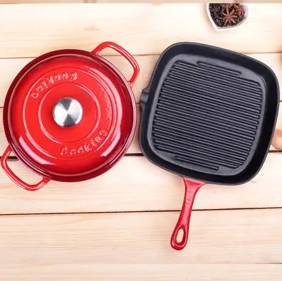 Эмалированные чугунные горшки, Голландская печь, суповая кастрюля, испанские морепродукты, кастрюля, тушеная кастрюля, кухонная посуда, кухонная плита, кастрюля, кухонная кастрюля - Цвет: 30cm red set
