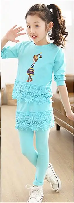 Sky blue Коллекция года, комплекты одежды для девочек Весенняя хлопковая кружевная рубашка с длинными рукавами+ штаны, комплект одежды для малышей комплект одежды для детей, для От 3 до 8 лет - Цвет: Sky blue
