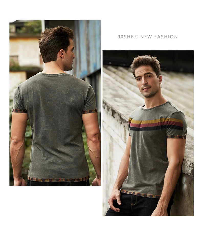 GustOmerD2019 Summer New Men's T-shirt Casual Slim Round Neck Short-sleeved Shirt Striped Print Cotton T-shirt Men