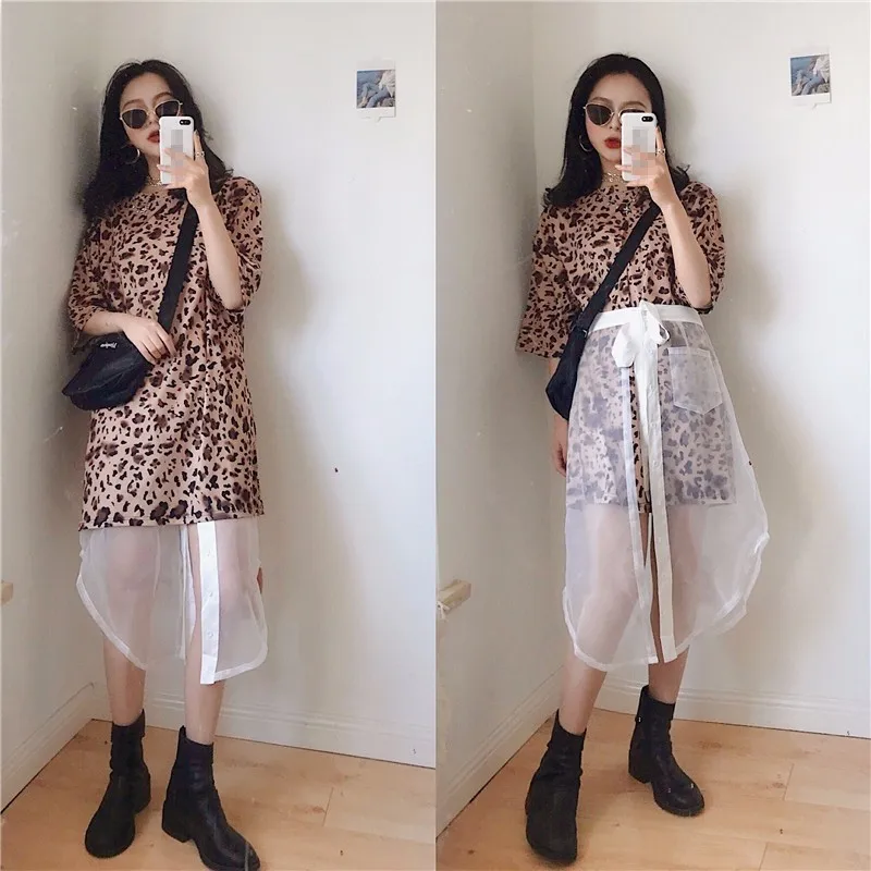 CHICEVER Summer Costumes For Women 2018 Leopard Long T-shirt Sezy Transparent Lace Up Split Skirt Women's Suit Fashion Tide |
