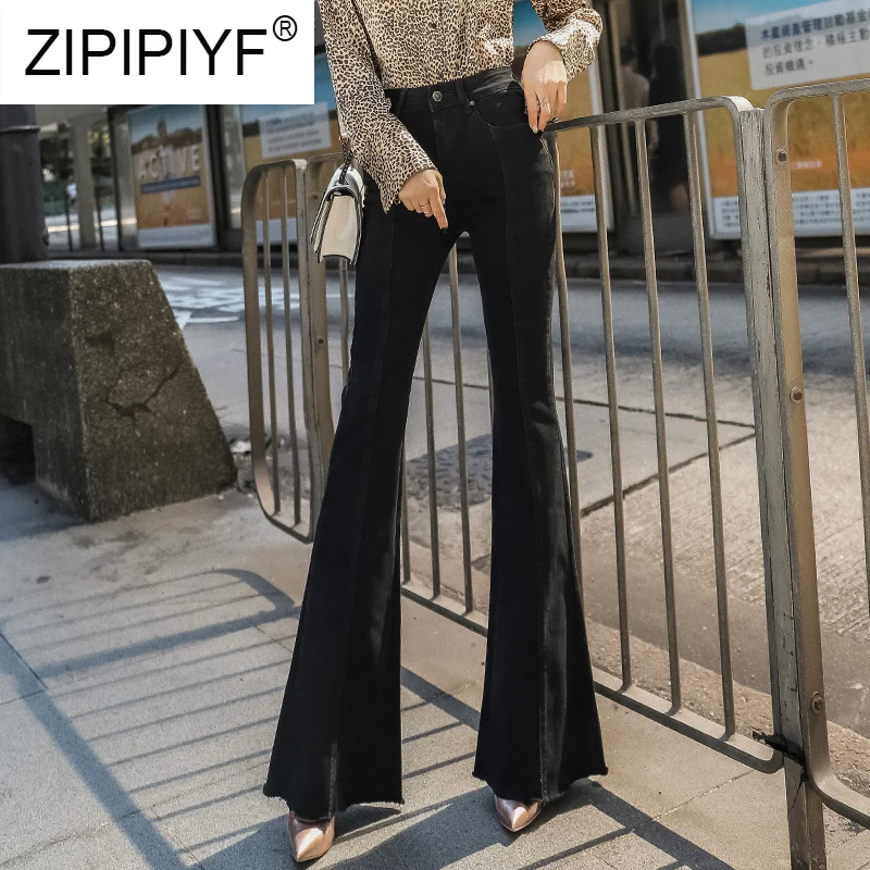 Женские черные расклешенные джинсы облегающие длинные брюки с высокой талией