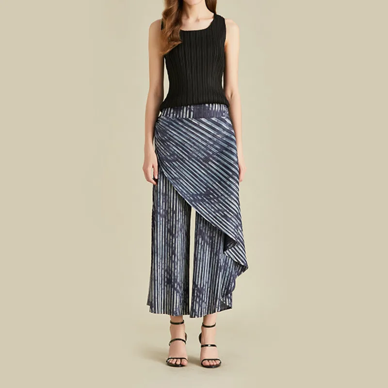 LANMREM 2020 New Summer Beach And Autumn Fake Two Pieces Pleated Vintage Striped Loose Pants High Waist Trousers WH70602 | Женская