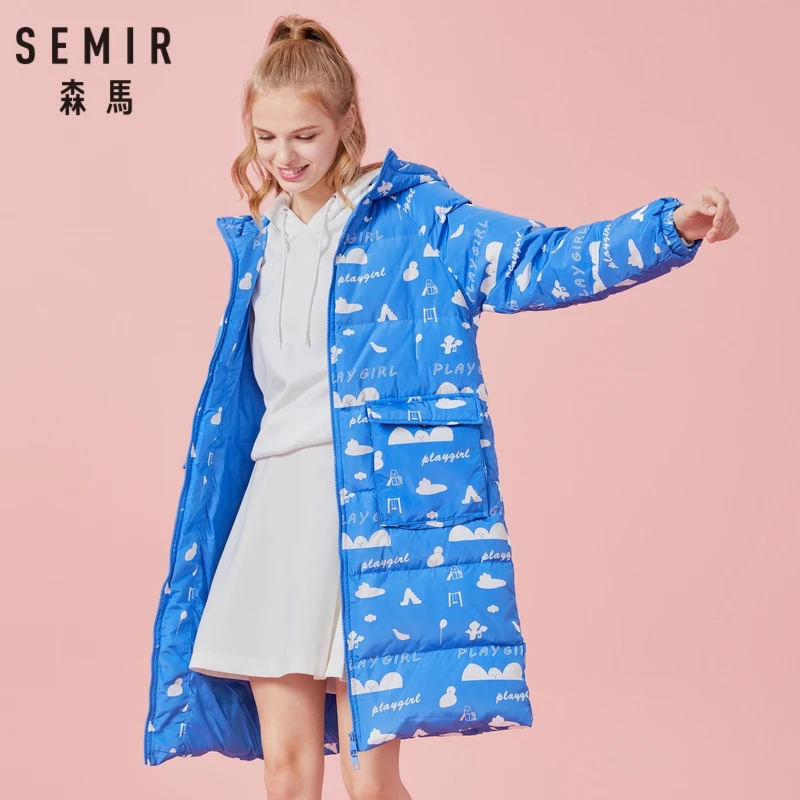 SEMIR Для женщин длинный пуховик с принтом пальто капюшоном открытым карман
