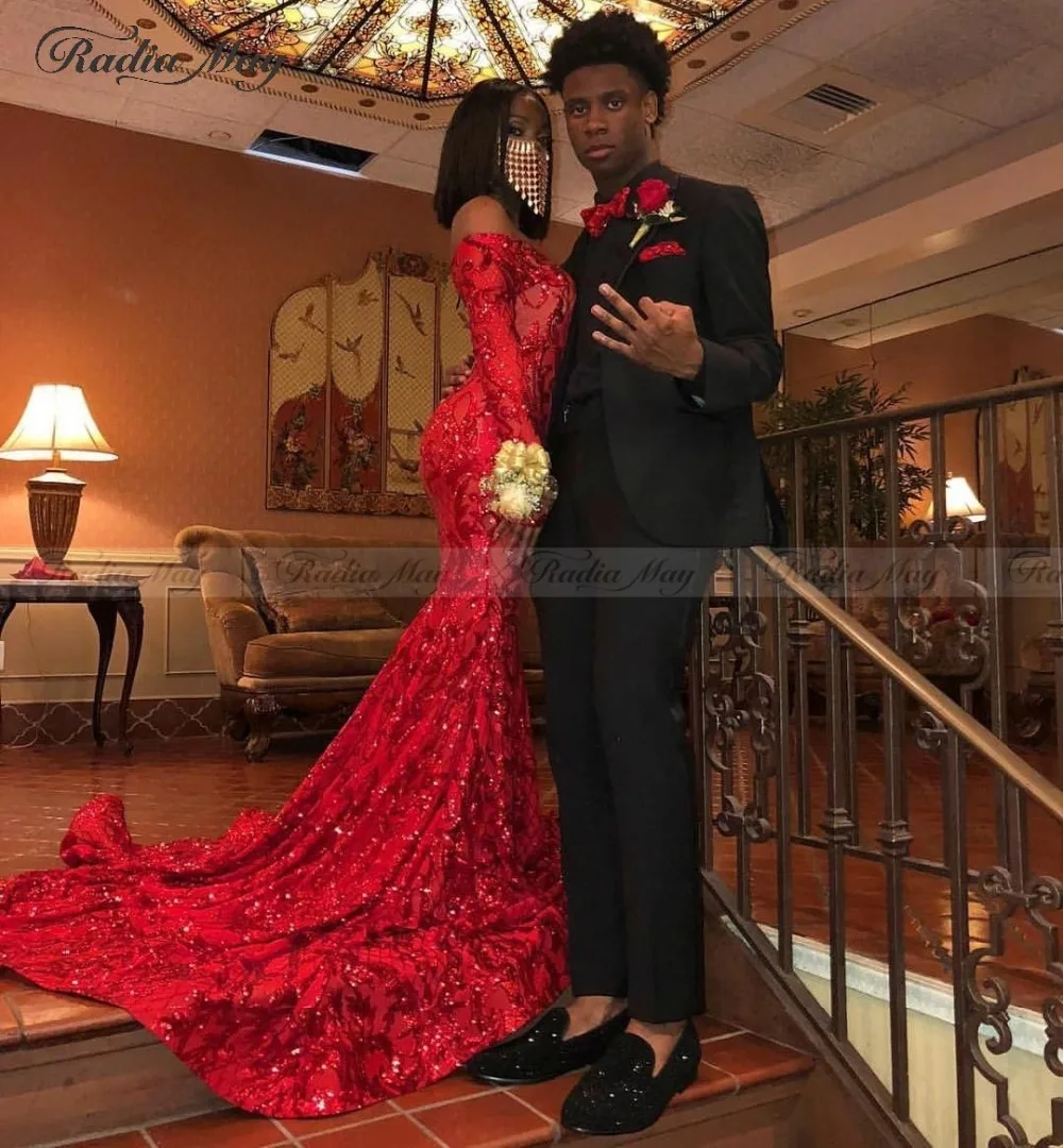 Elegant Off Shoulder Red Long Sleeves Mermaid Prom Dresses 2k19 Sparkly Sequin African Plus Size Formal Gowns Graduation Dress