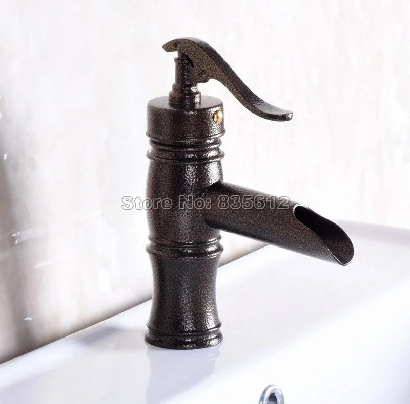 

NEW Oil Rubbed Bronze " Water Pump Look " Style Bathroom Basin Vessel Sink Single Handle Mixer tap Waterfall Faucet Wnf242