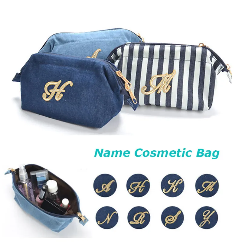 

BONAMIE 14 Letter Denim Women Name Cosmetic Pouch Bag Embroidery Cute Fashion Canvas Thermal Transfer Lady Makeup Pouch Sky Blue