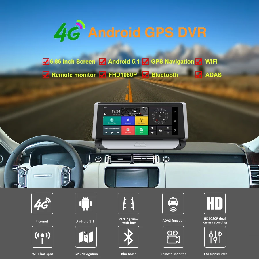 Olysine 4G Автомобильный видеорегистратор gps Android 5,0 ADAS 7 дюймов Автомобильная камера с сенсорным экраном FHD 1080P Dashcam Wifi Bluetooth видео рекордер Регистратор