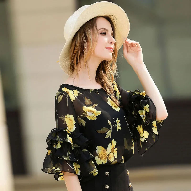 {Guoran} Loose Chiffon Blouses Women Summer 2017 New plus Size Femme Shirts Floral Printed Ladies Tops 2XL Clothings |