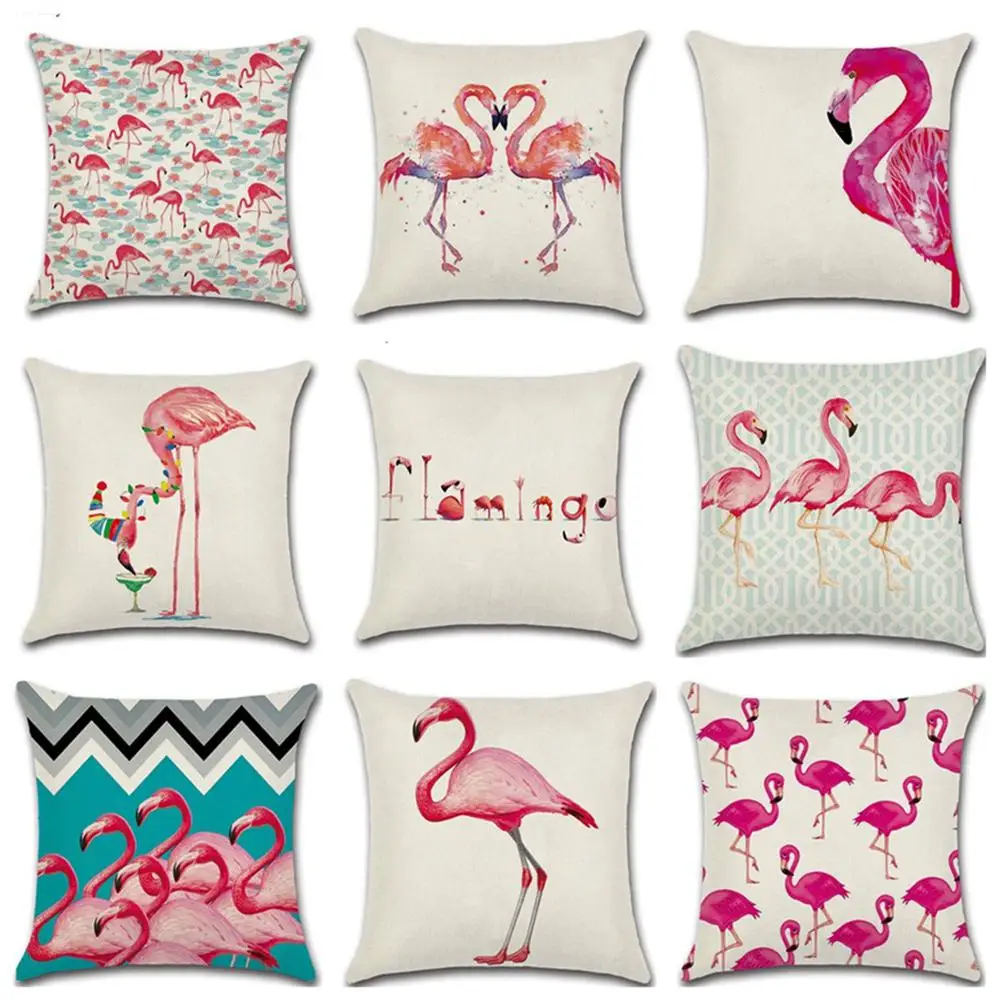 

None Comfortable Pink Flamingo Printing Linen Pillow Cover for Home