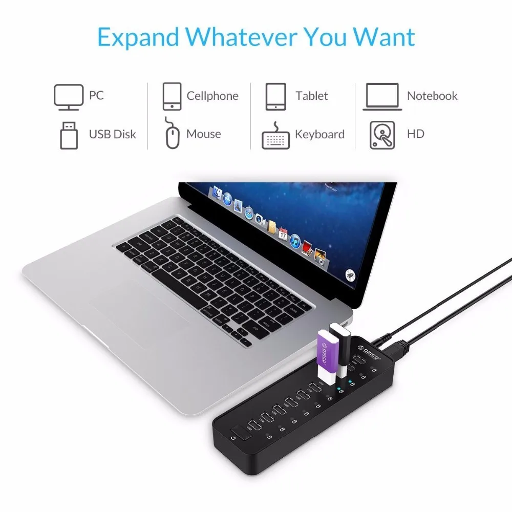 ORICO 10 портов USB 2,0 концентратор Мульти USB разветвитель адаптер высокоскоростной концентратор расширитель с 12V2. 5A источник питания светодиодный светильник для портативных ПК