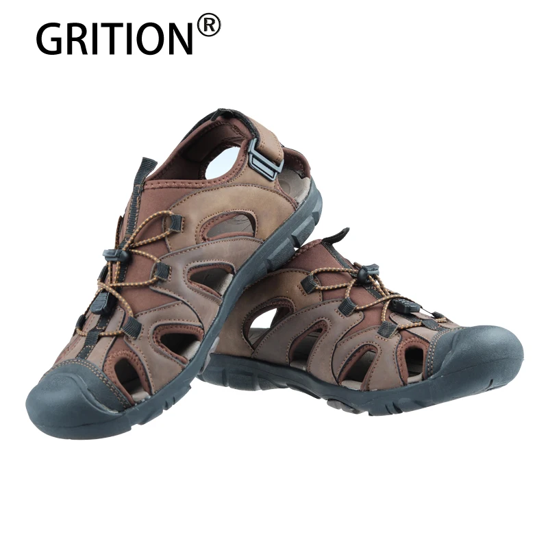GRITION Men Shoes Summer Lightweight Close Toe Flat Beach Sandals Leather Quick-drying Trekking Casual Shoes Outdoor Big Size 46