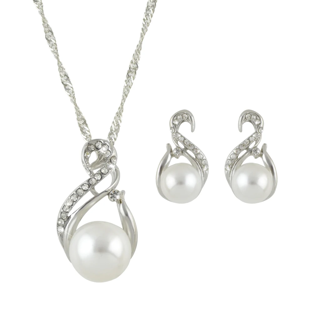 Newindy Jewelry Gold-Color Silver Color Chain With Rhinestone and Simulated Pearl Pendant Necklace Stud Earring Bijoux Femme | Украшения и