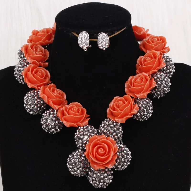 Dudo ювелирные изделия, традиционное украшение с коралловыми бусинами, набор для женщин, оранжевый/красный/белый цветы, прекрасный ювелирный набор для нигерийских