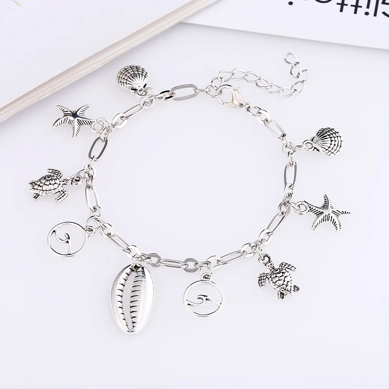 

L&H High Quality Anklets For Women Beach Vacation Classic Silver Color Ankle Bracelets Female Starfish/Shell/Turtle Ankle Chain