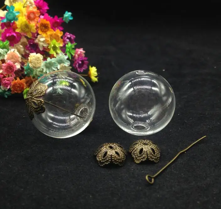 20sets 30mm round glass globe bubble with 2-3mm double hole vial wish bottle jewelry DIY pendant necklace accessory |
