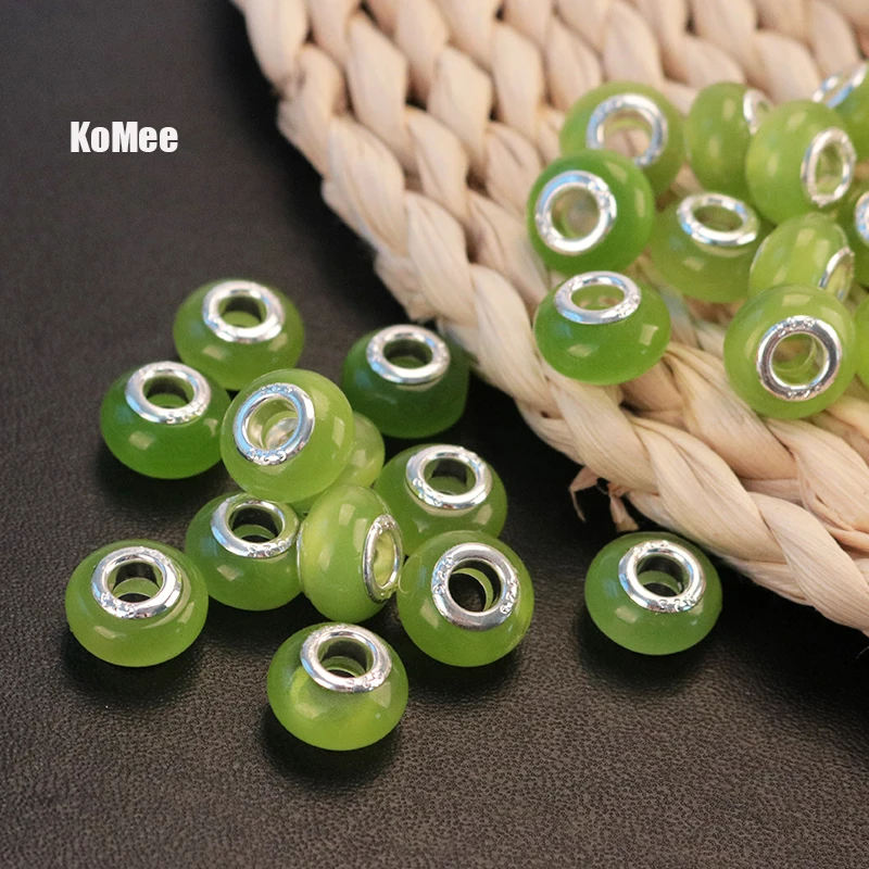 

Opal Cats Eye Large Hole Stone Charm Beads! 50pcs 9*14mm Light Green Big Hole Spacer Beads Fit European Jewelry Craft Making