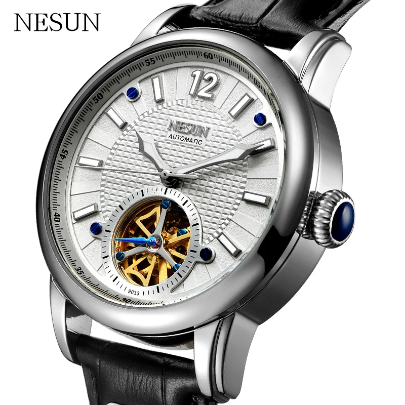 NESUN Men Simple Fashion Tourbillon Hollow Automatic Mechanical Wristwatches Waterproof Leather Watches Male Relogio Masculino | Наручные