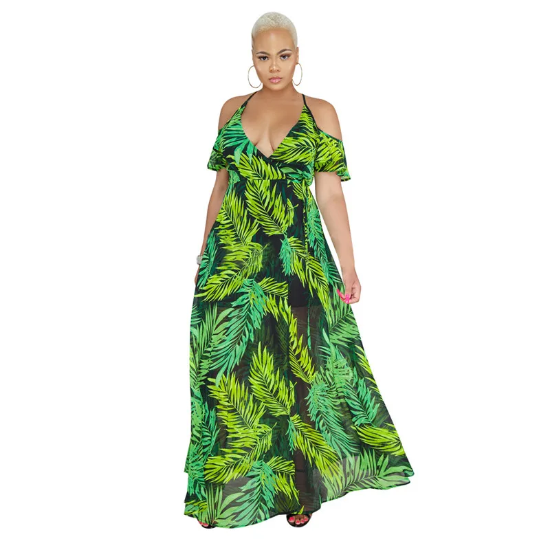 

JRRY Sexy Spaghetti Strap Print Women Maxi Dresses Off the Shoulder Long Dress Vestidos