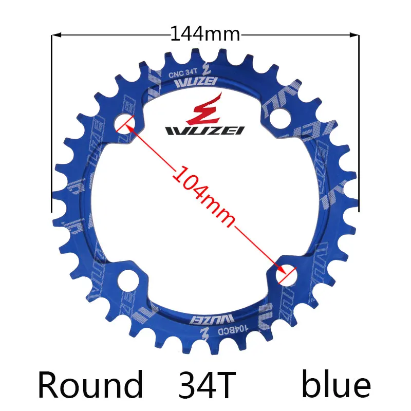 BLUE 34T ROUND Велосипедная круглая узкая широкая Звездочка WUZEI 32 T/34 T/36 T/38 T 104BCD, велосипедная звездочка, однопластинчатая звездочка - Цвет: BLUE 34T ROUND