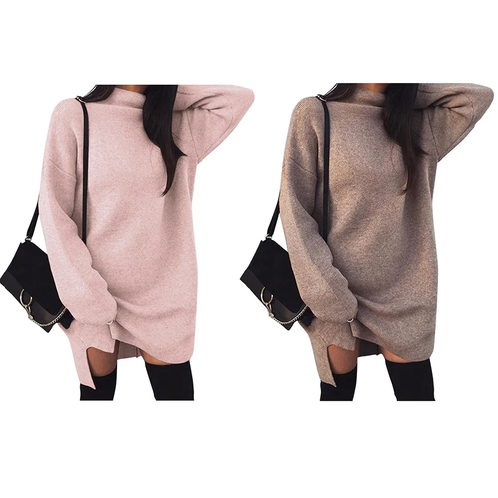 Women High Collar Knitted Dress Casual Skirt Long Sleeve Loose Sweater Knitwear | Женская одежда