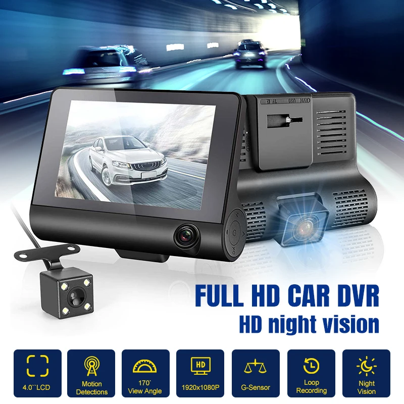 1080P HD Автомобильная DVR камера видео рекордер 3 объектива IPS экран высокой четкости
