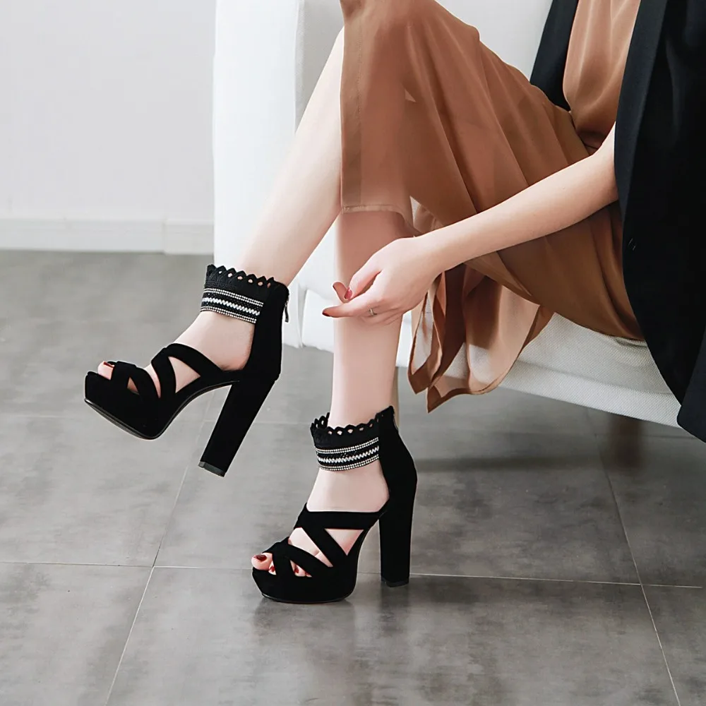 

Original Intention Women Sandals Flock Open Toe Square Heels Cover Heel Zipper Fashion Platform Black Shoes Woman US Size 3-10.5