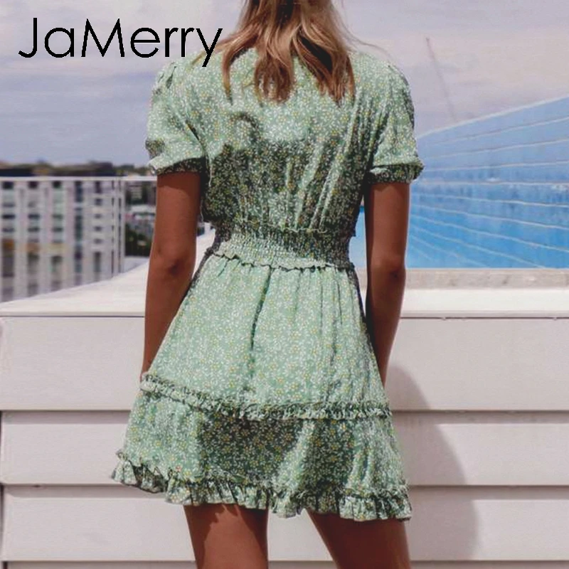 JaMerry Boho пляжное Хлопковое платье с цветочным принтом летнее зеленое рюшами и