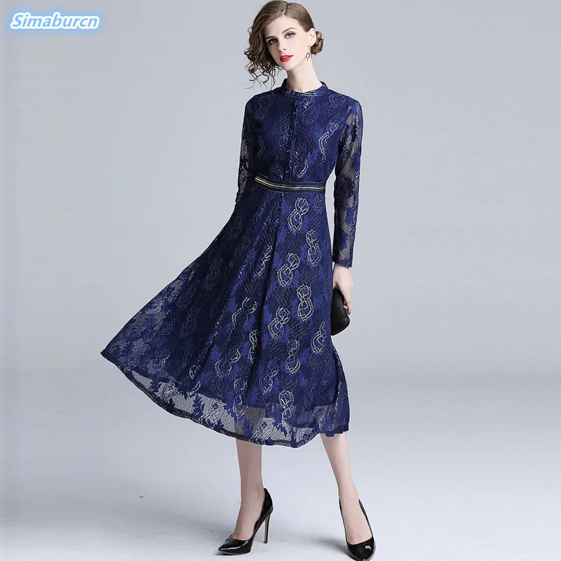 

Autumn Lace Dress Women Work Casual Slim Fashion O-neck Sexy Hollow Out Blue Dresses Ladies A-line Vintage Vestidos 2018
